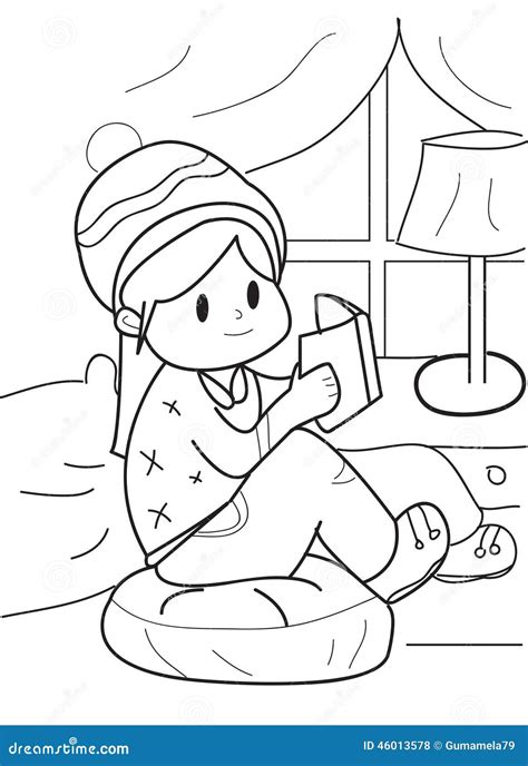 hand drawn coloring page   girl reading  book stock illustration