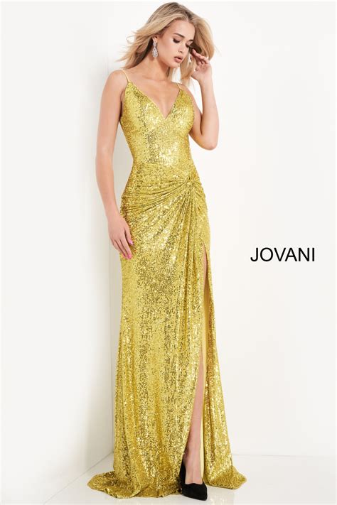 jovani 06271 yellow ruched sequin long prom dress