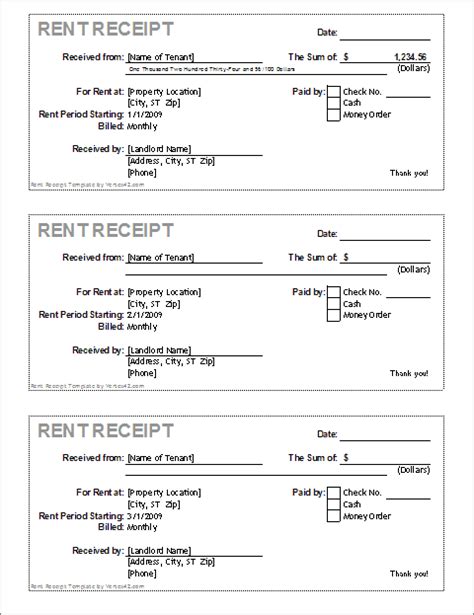 rent receipt template excel printable templates