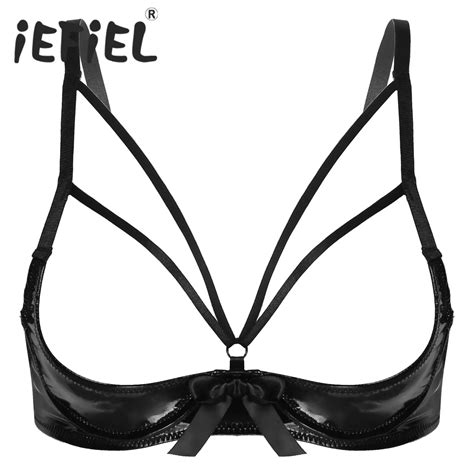 Women S Wetlook Bra Tops Patent Leather Bowknot Open Nipples Underwired