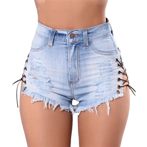 Women Denim Shorts Lace Up High Waist Short Jeans Sexy Hollow Out