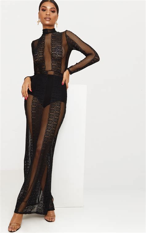 black lace sheer maxi dress dresses prettylittlething usa