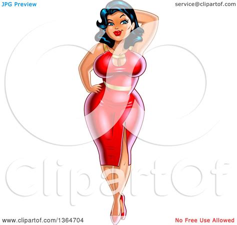 clipart of a cartoon sexy curvatious black haired pinup woman posing in a red dress royalty
