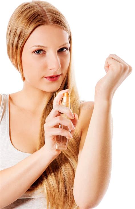 Girl With Perfume Young Beautiful Woman Holding Bottle Of Perfume