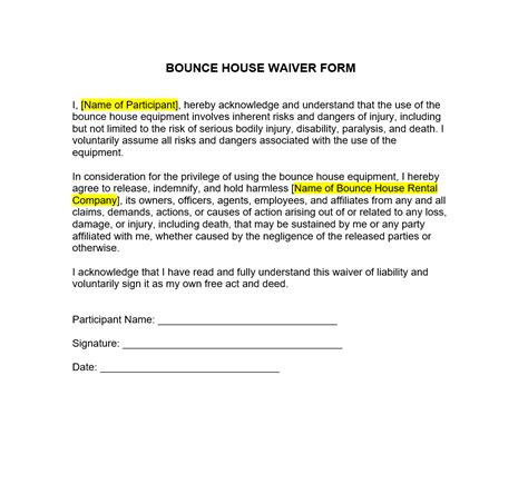 bounce house liability waiver template