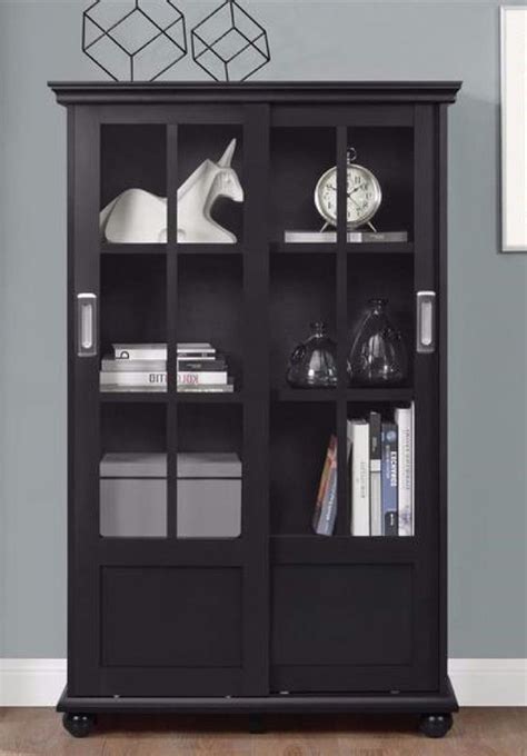 Glass Display Cabinet Bookshelf W Sliding Glass Doors Black