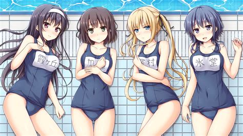 Wallpaper Anime Girls Black Hair Swimming Pool