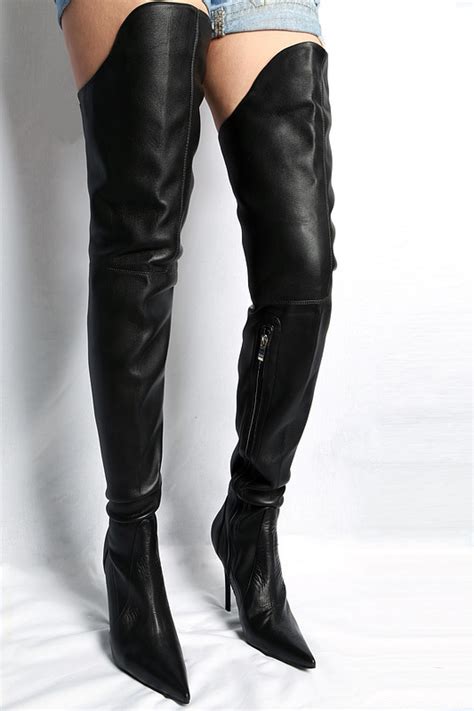 New Style Women Sexy Pointed Toe Black Leather Over The Knee Booties