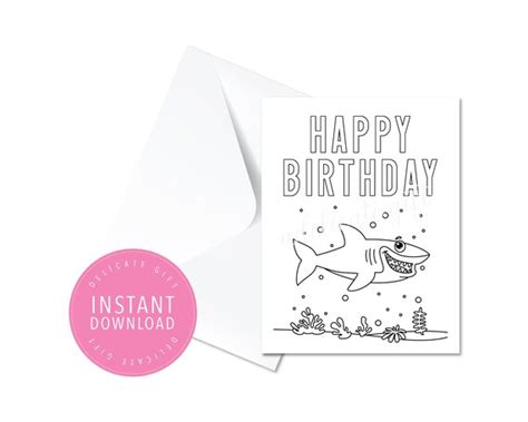 printable happy birthday card shark instant  diy coloring
