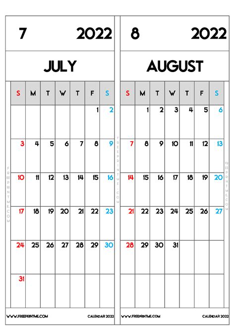 printable july august  calendar