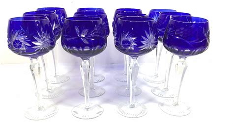 Lot 12pc Cobalt Cut To Clear Wine Hock Glasses