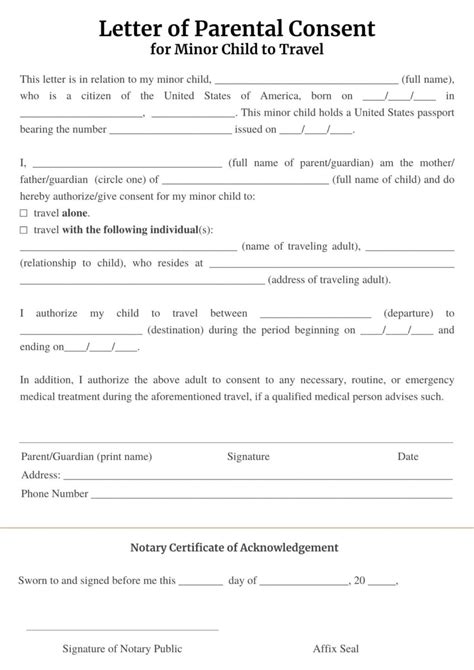 child travel consent forms  template