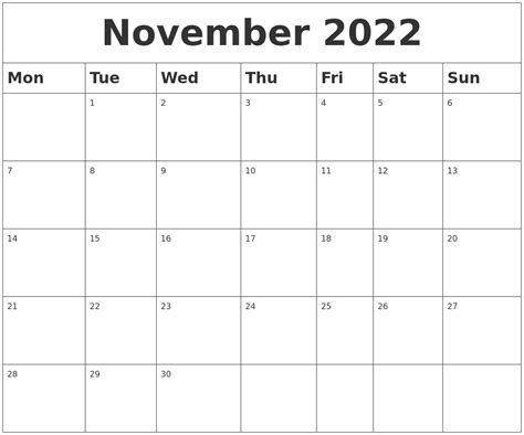 printable blank november  calendar printable world holiday