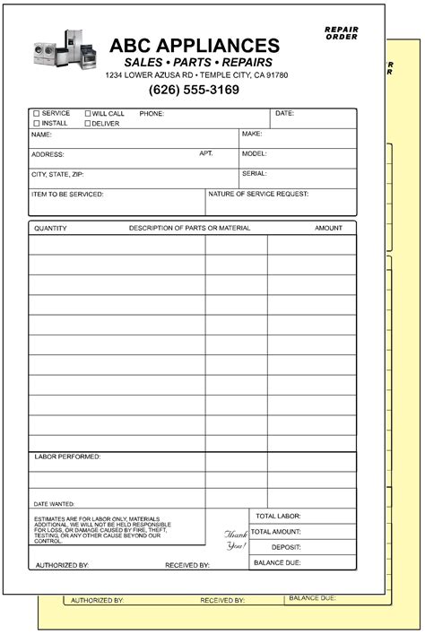 Appliance Repair Service Invoices Receipts 2 Part Ncr Custom Printed W
