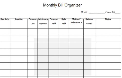 monthly bill organizer  word templates