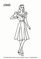 1940 Fashion Drawing Dress 1940s Silhouettes Silhouette Drawings Woman 1950 Dresses 1950s History 40s Colouring Costume Timeline Pages Coloring Line sketch template