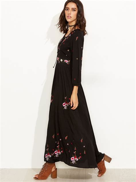 black flower embroidered long sleeve maxi dress sheinsheinside