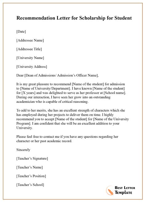 recommendation letter  scholarship  student  letter template