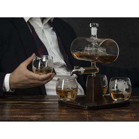 1000ml whiskey decanter with antique ship set with 4 globe glasses