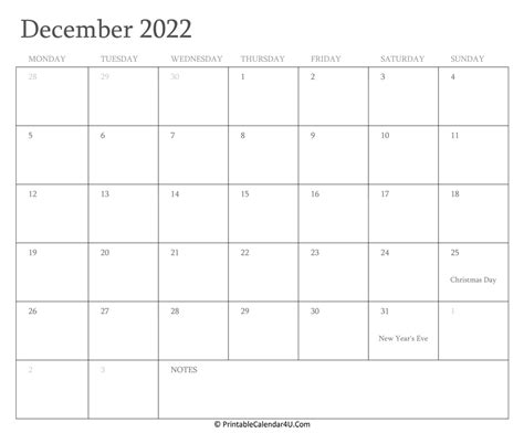 december  calendar printable  holidays
