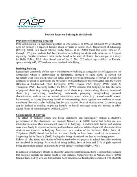 position paper  bullying   schools prevalence  bullying