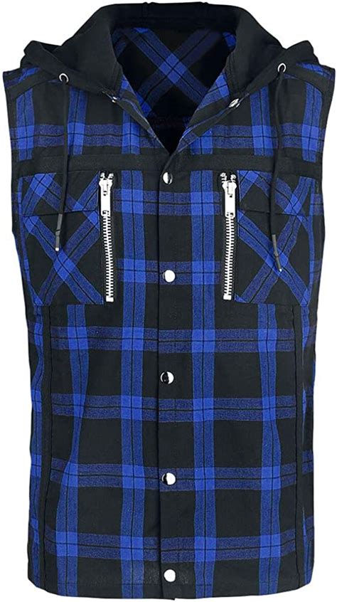 gafeng mens sleeveless flannel shirts hooded plaid button down hip hop
