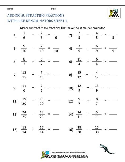 adding  subtracting fractions   denominators worksheets