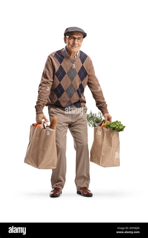 tired elderly man carrying  grocery bags isolated  white