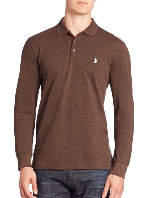 polo ralph lauren long sleeve cotton polo shirt  brown  men lyst