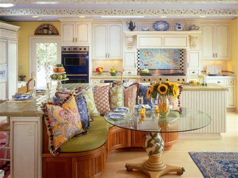 yellow french country kitchen  colorful banquette area hgtv