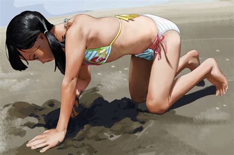 Dorontabi Original Highres 1girl All Fours Barefoot Beach Bikini
