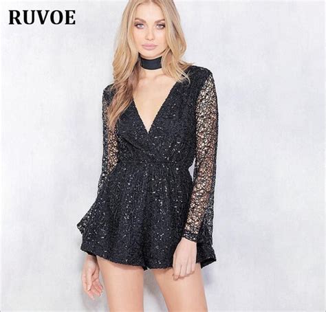 sexy v neck lace summer jumpsuit romper women hollow out black nude
