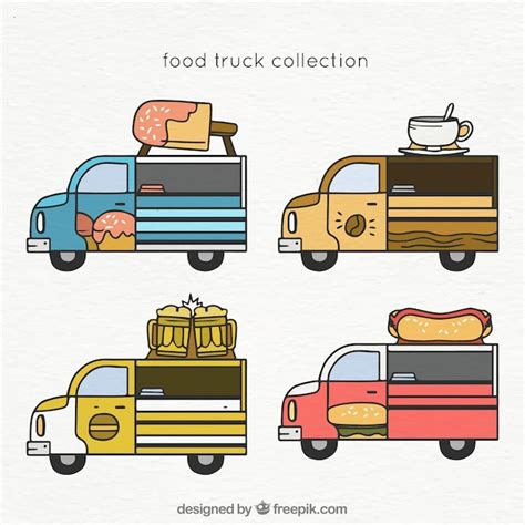 vector hand drawn set  classical food trucks