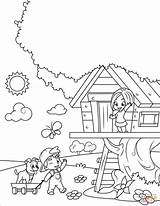 Coloring Pages Baumhaus House Tree Playing Boy Girl Malvorlage Girls Printable Bilde Im Leke Fargelegge Drawing Book Vår Va Spring sketch template