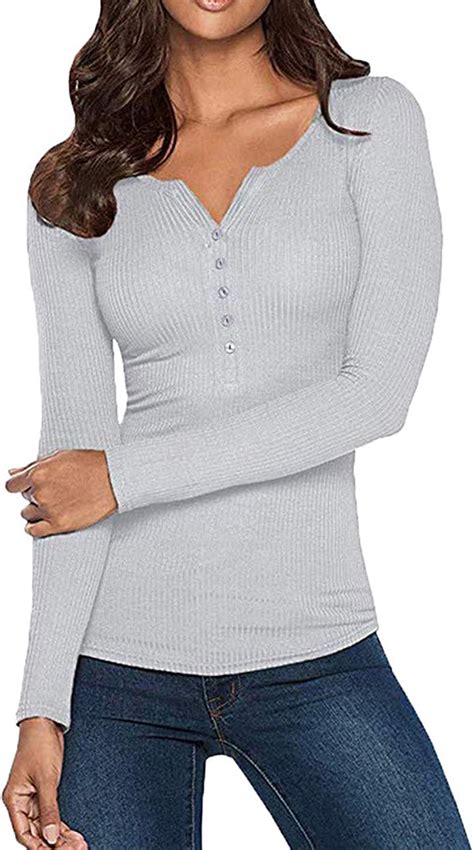 Hestenve Womens Button Down Henley Shirts Long Sleeve Ribbed V Neck