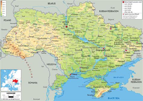 large detailed physical map  ukraine   roads cities