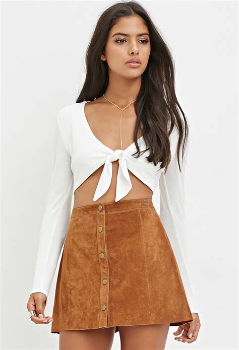 forever 21 genuine suede buttoned skirt in brown tan lyst