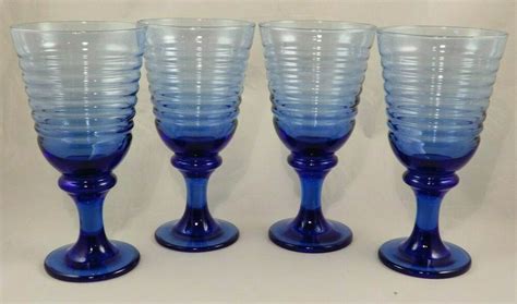 Libbey Sirrus Cobalt Blue Glass Ringed Stemmed Water Goblets Set Of 4