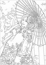 Coloring Version Woman Japan Elegant Japanese Cherry Easy Most Beautiful Pages Adult Hanami Yukata Blossoms Temple Young Front Her Celebrating sketch template