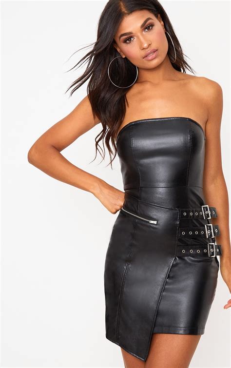 Black Faux Leather Buckle Detail Bandeau Bodycon Dress Dresses