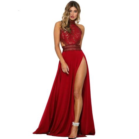women sexy sheer lace high slit maxi evening party dresses backless
