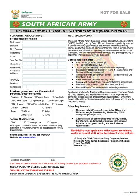 sa army application forms   printable forms