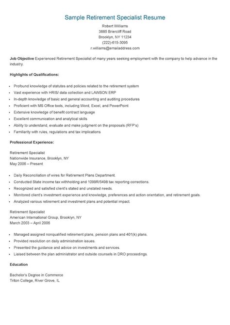 sample retirement specialist resume resume sample resume resume