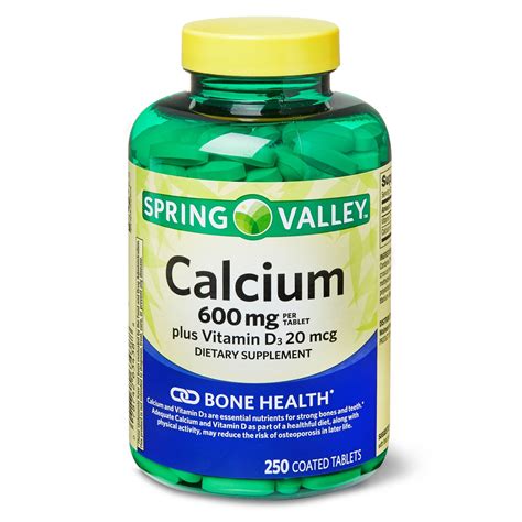 Spring Valley Calcium 600 Mg Plus Vitamin D3 20 Mcg Coated Tablets 250