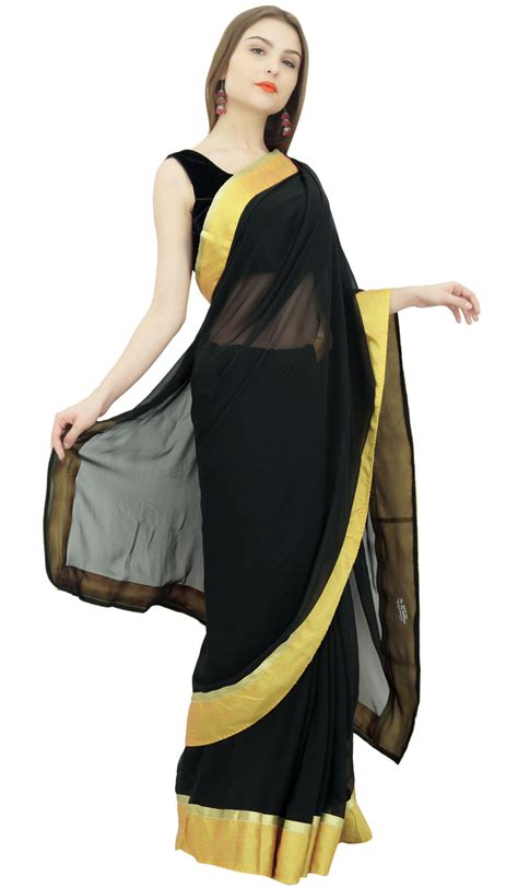 atasi solid black georgette saree indian women s casual sari with oex