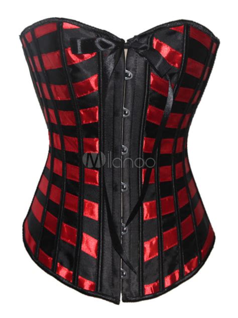 sexy red plaid lace up matte satin underbust corset