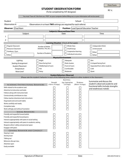 student observation forms   ms word excel