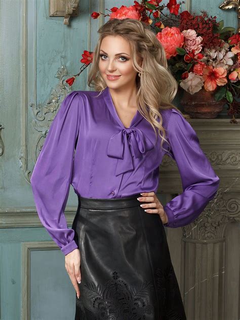purple satin blow blouse real leather skirt blouse and