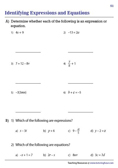 identifying expressions  equations worksheets