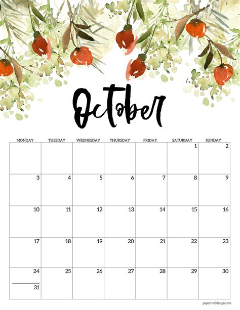 printable  floral calendar monday start paper trail design